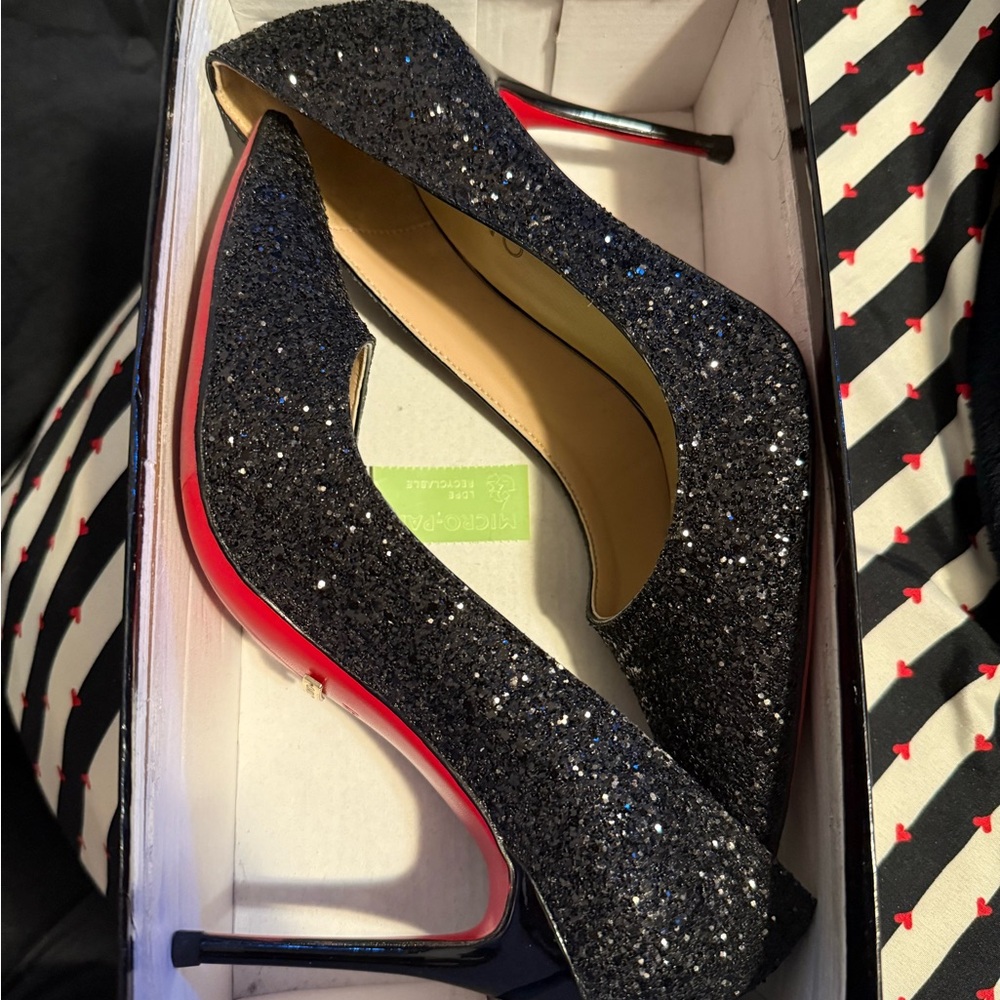 Elegant Black Red Bottom Glitter Heels